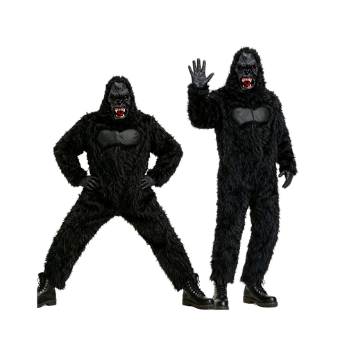 Adult gorilla costume, full body ape suit with mask and chest plate, two poses