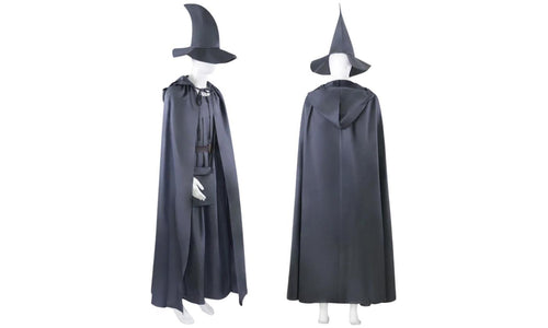 Men's wizard costume, hooded robe and pointed hat, front and back view